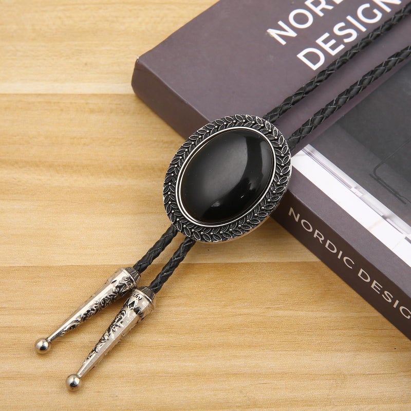KECOL Fashion Western Native American Handmade Bola tie Vintage Emerald Stone Bolo Tie (Black) - Image 4